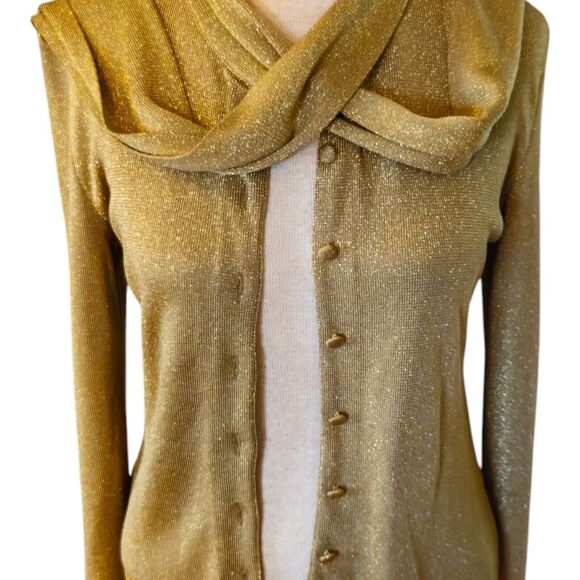 Saks Fifth Avenue Made in Italy Gold Shiny Pullover Scarf Tie Sweater Size M - Picture 2 of 8